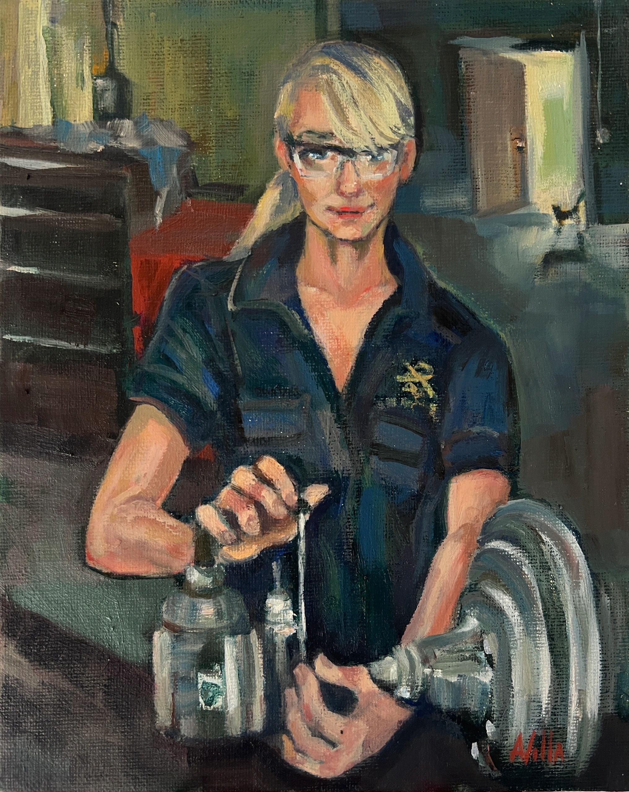 Girl in mechanic shop, painting by Anna Villa. 