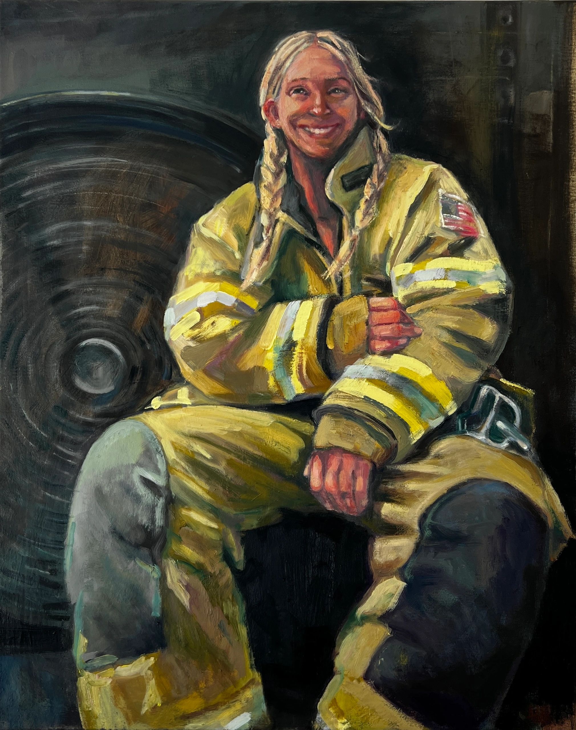 Firefighter girl resting by the fan 