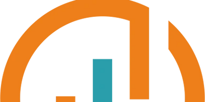 Abstract logo with orange arcs and a central teal rectangle.