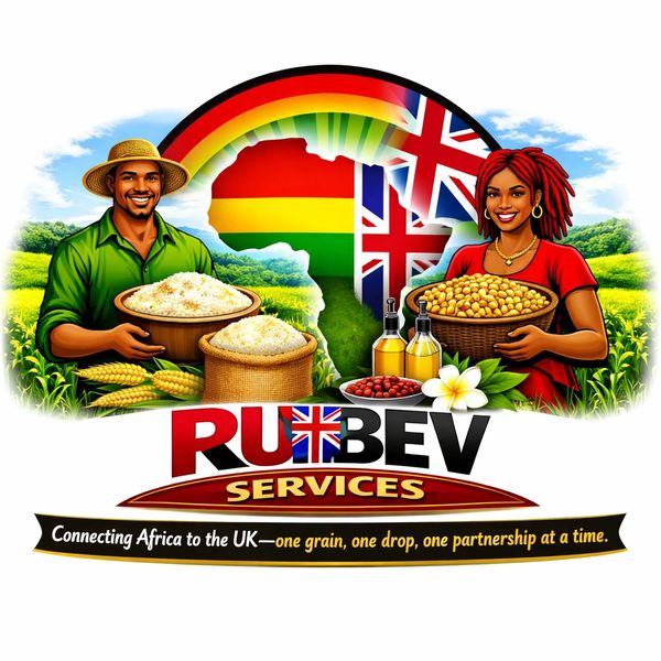 Illustration of African farmers with crops and UK-Africa partnership theme.