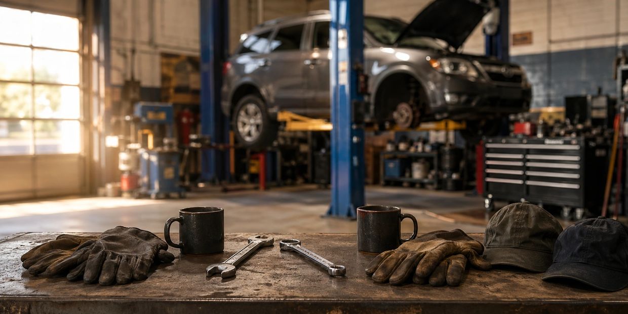 Mechanics' gloves, tools, and mugs on a table in a busy auto repair shop with a car on a lift.