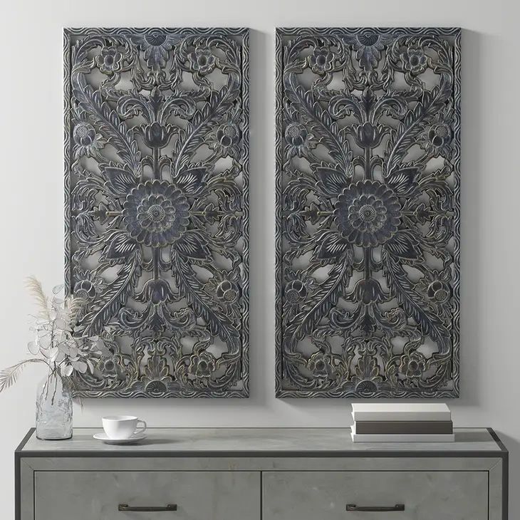 Antique Carved Wooden Boho Wall Art Decor, Dark (2 pieces)
