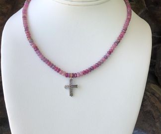 Natural Ruby 4 mm beaded necklace, sterling silver, diamond 0.17 kt, 15 x 13 mm cross from $189.