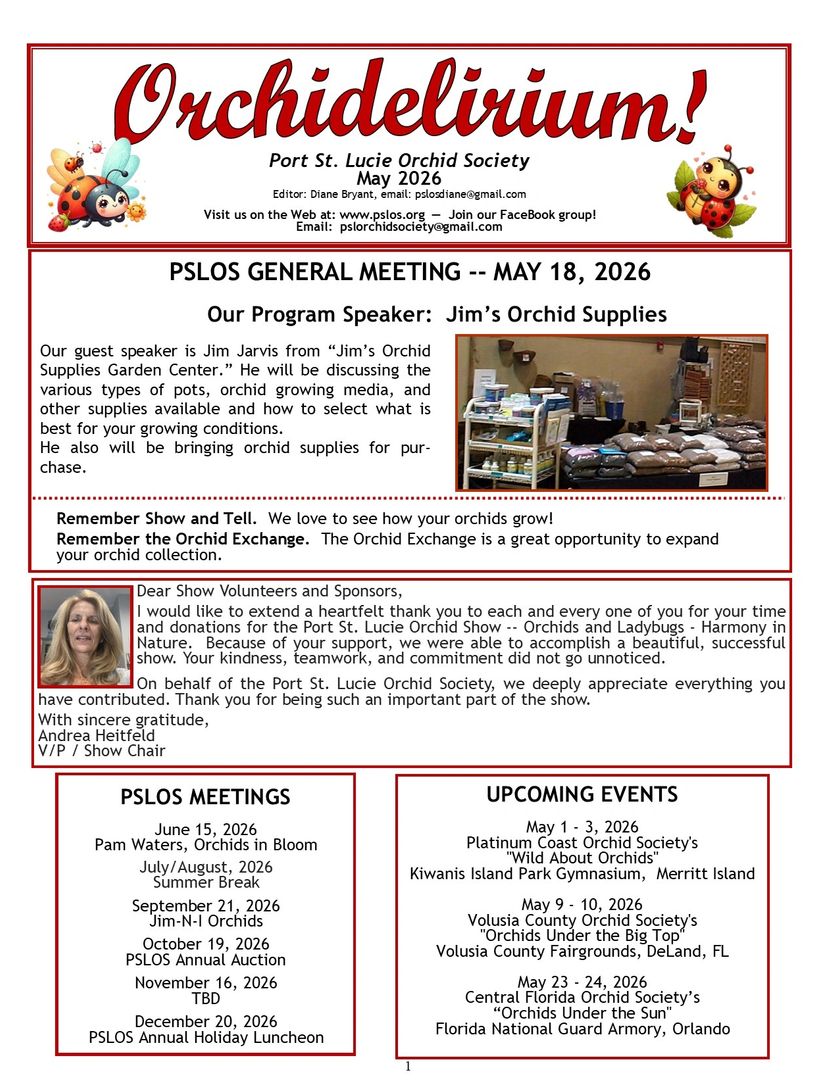 Port St. Lucie Orchid Society newsletter with meeting info and upcoming orchid events for May 2026.