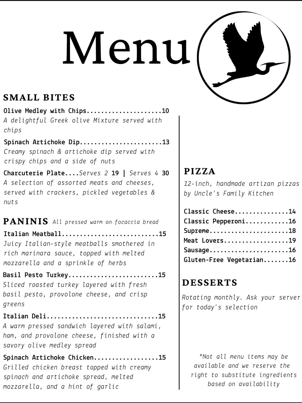 Menu with small bites, paninis, pizzas, and desserts sections.