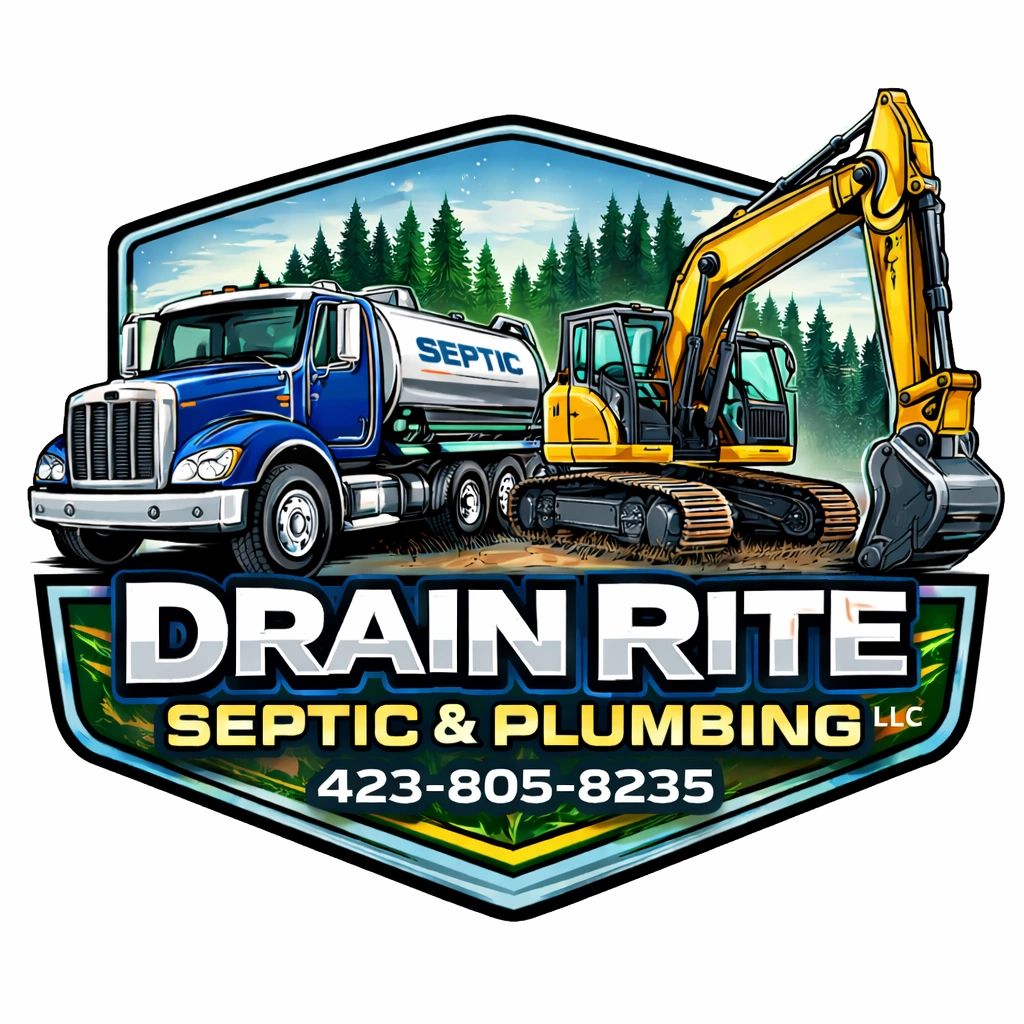 Logo featuring septic truck and excavator for Drain Rite Septic &amp; Plumbing.