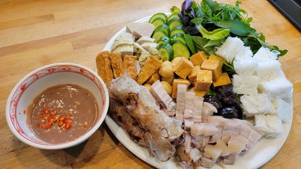 Rice vermicelli, fried tofu and fermented shrimp paste.  A Vietnamese charcuterie/grazing board.