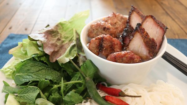 A serving of Bun Cha Hanoi w BBQ Pork Belly Burnt Ends.