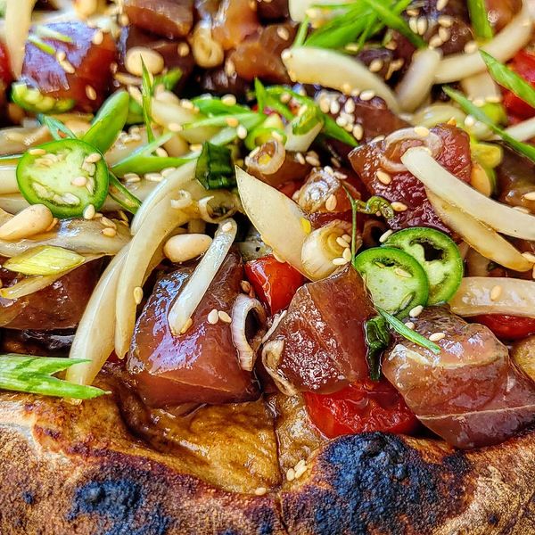 Beautiful ahi tuna poke pizza.