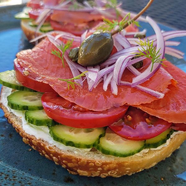 Smoked Sockeye on Homemade bagels with all the fixings.