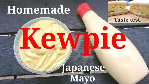 Homemade Kewpie Japanese Mayo next to a bottle of the real thing.