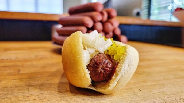 Homemade all beef hotdogs.