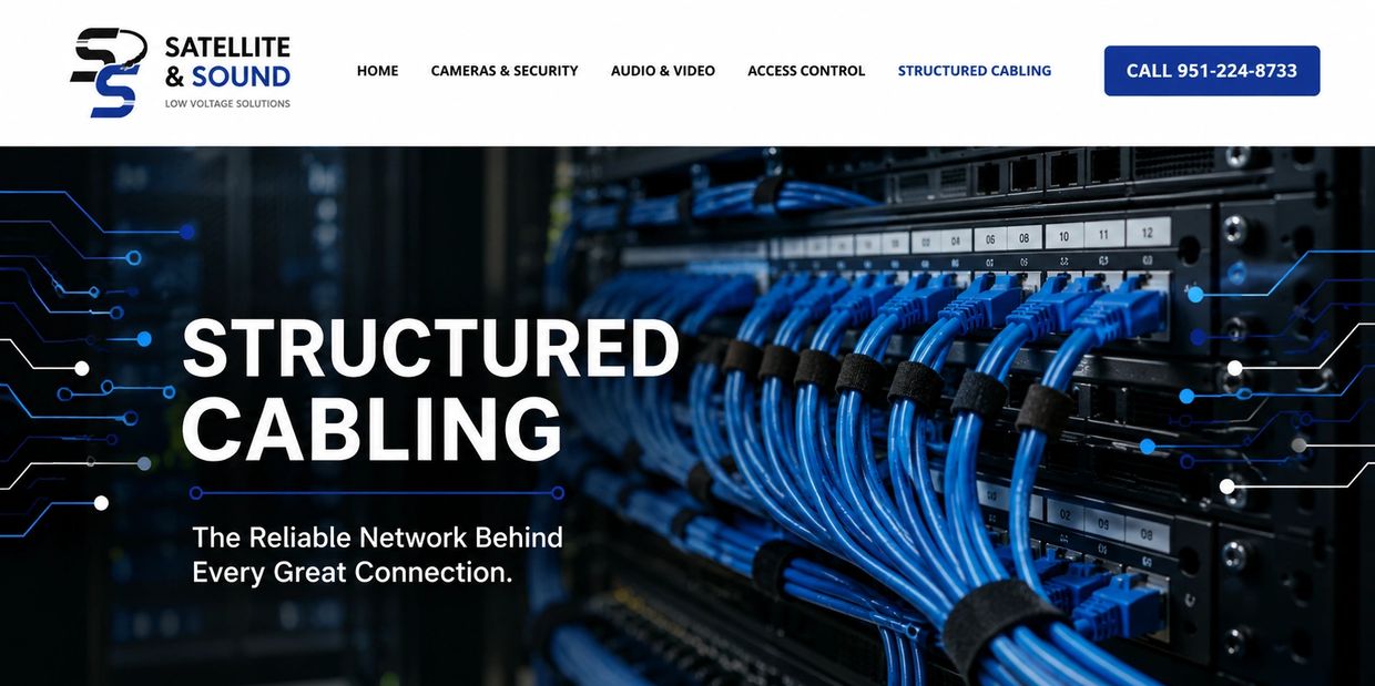 Structured cabling with organized blue network cables.