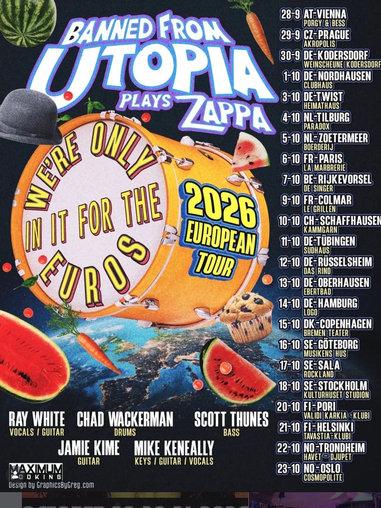 Banned From Utopia 2026 European Tour poster with dates and locations.