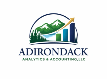 Logo of Adirondack Analytics &amp; Accounting featuring mountains, trees, and a growth chart.