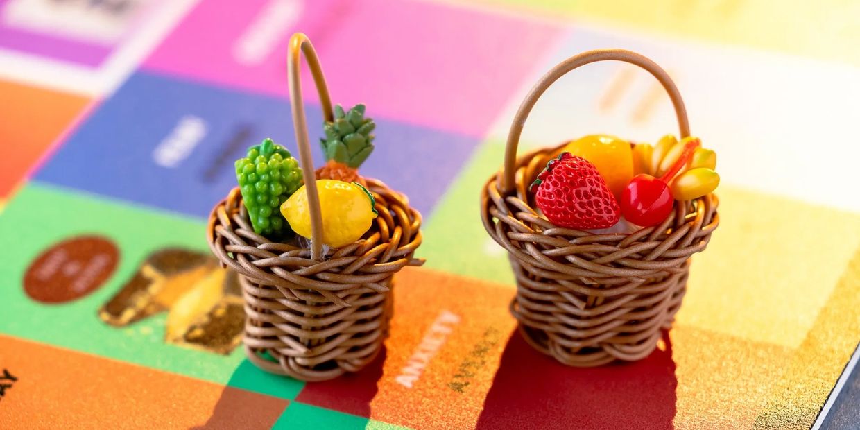 Two miniature wicker baskets filled with tiny fruits on a colorful surface.