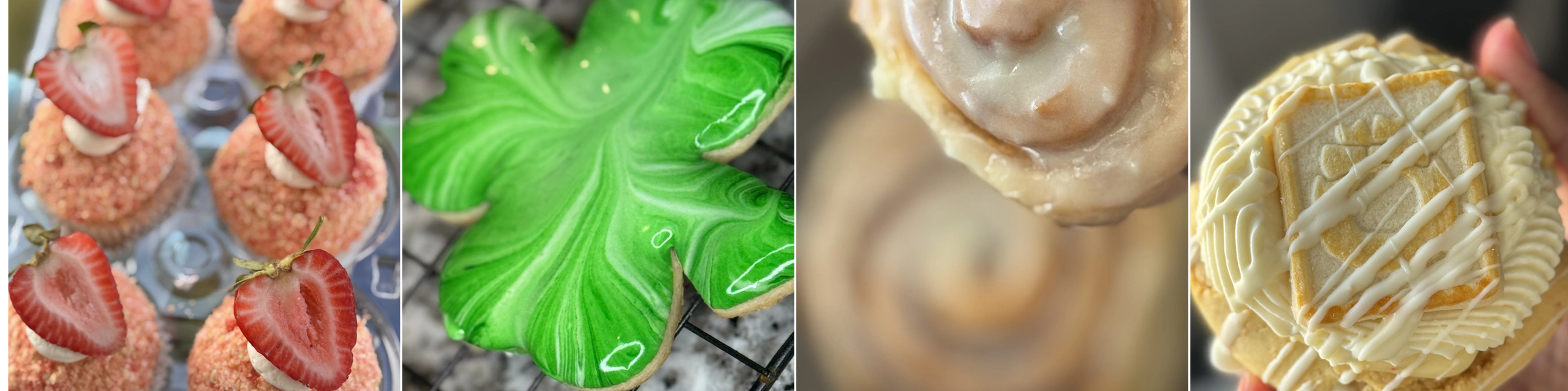 Close-up of various decorated cupcakes and cookies with vibrant toppings.