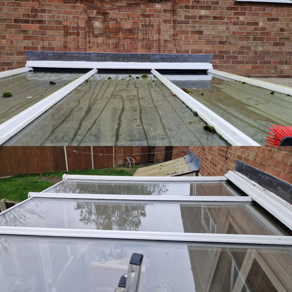 Before and after cleaning a glass roof with moss and dirt removed.