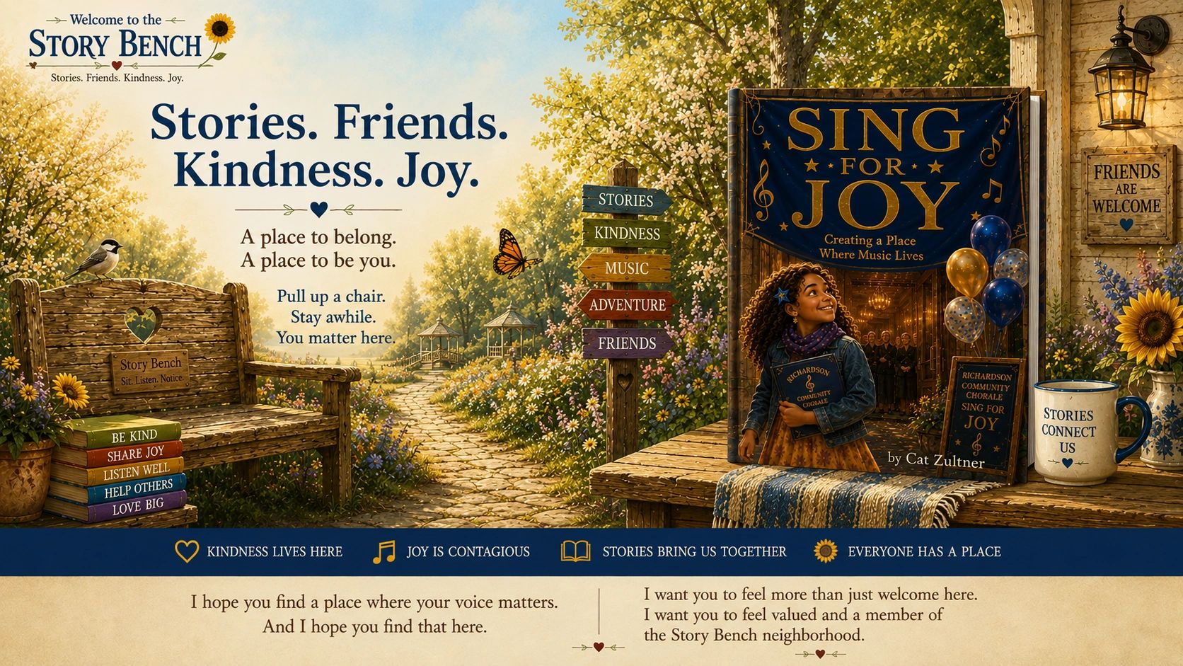 A welcoming story bench scene with messages of kindness and joy.
