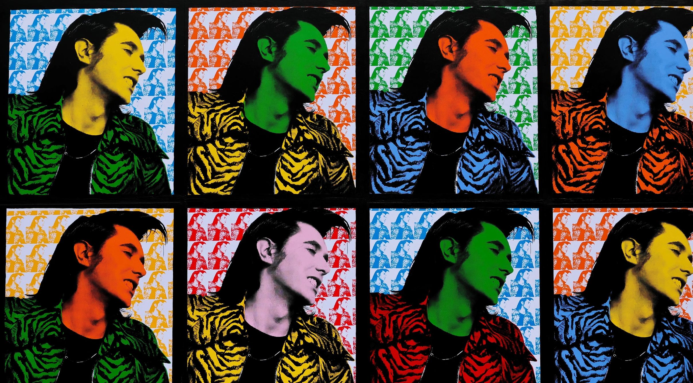 Pop art style collage of a man in colorful zebra-striped jackets.