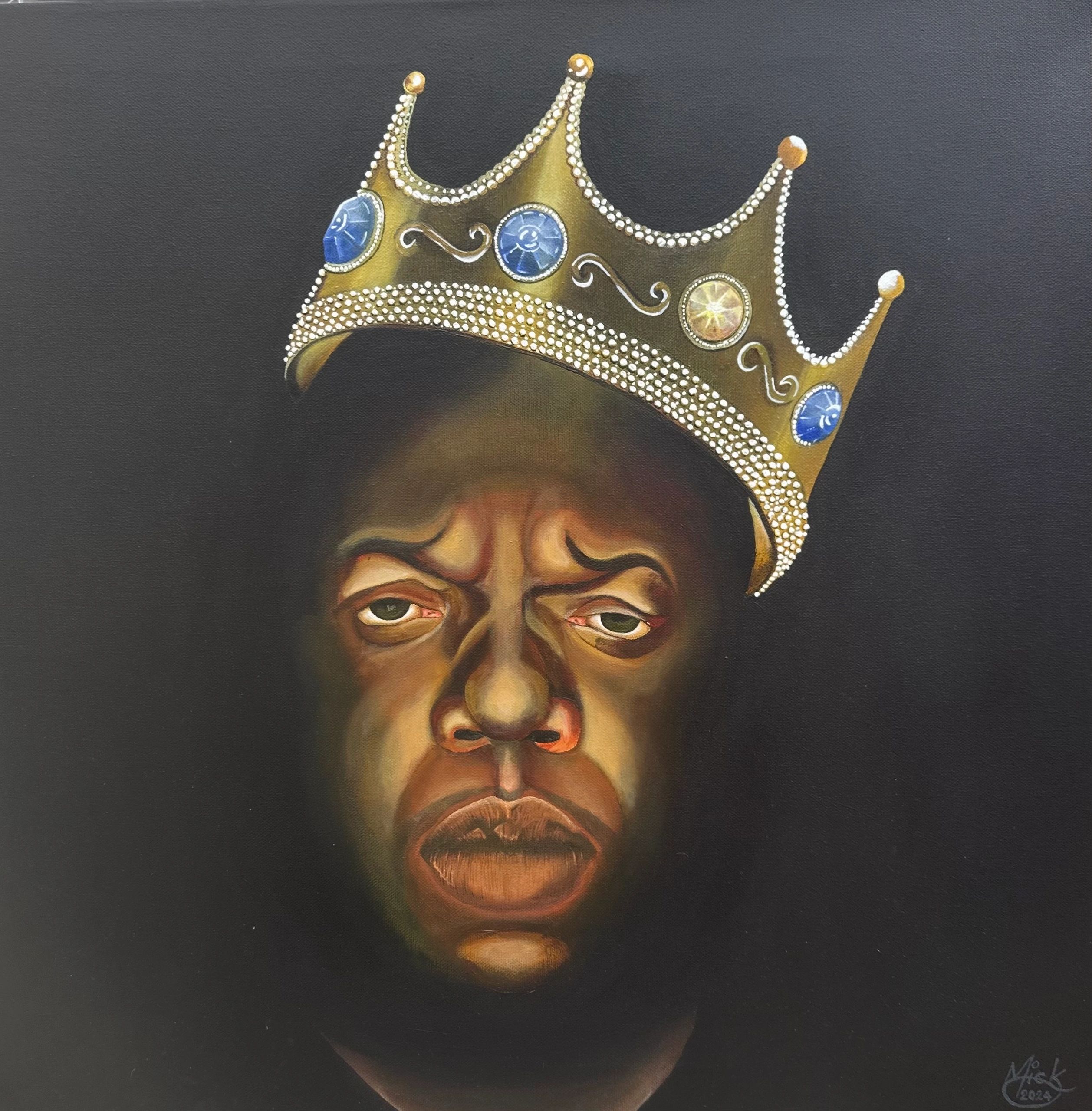 Portrait of a man wearing a jeweled crown against a dark background.