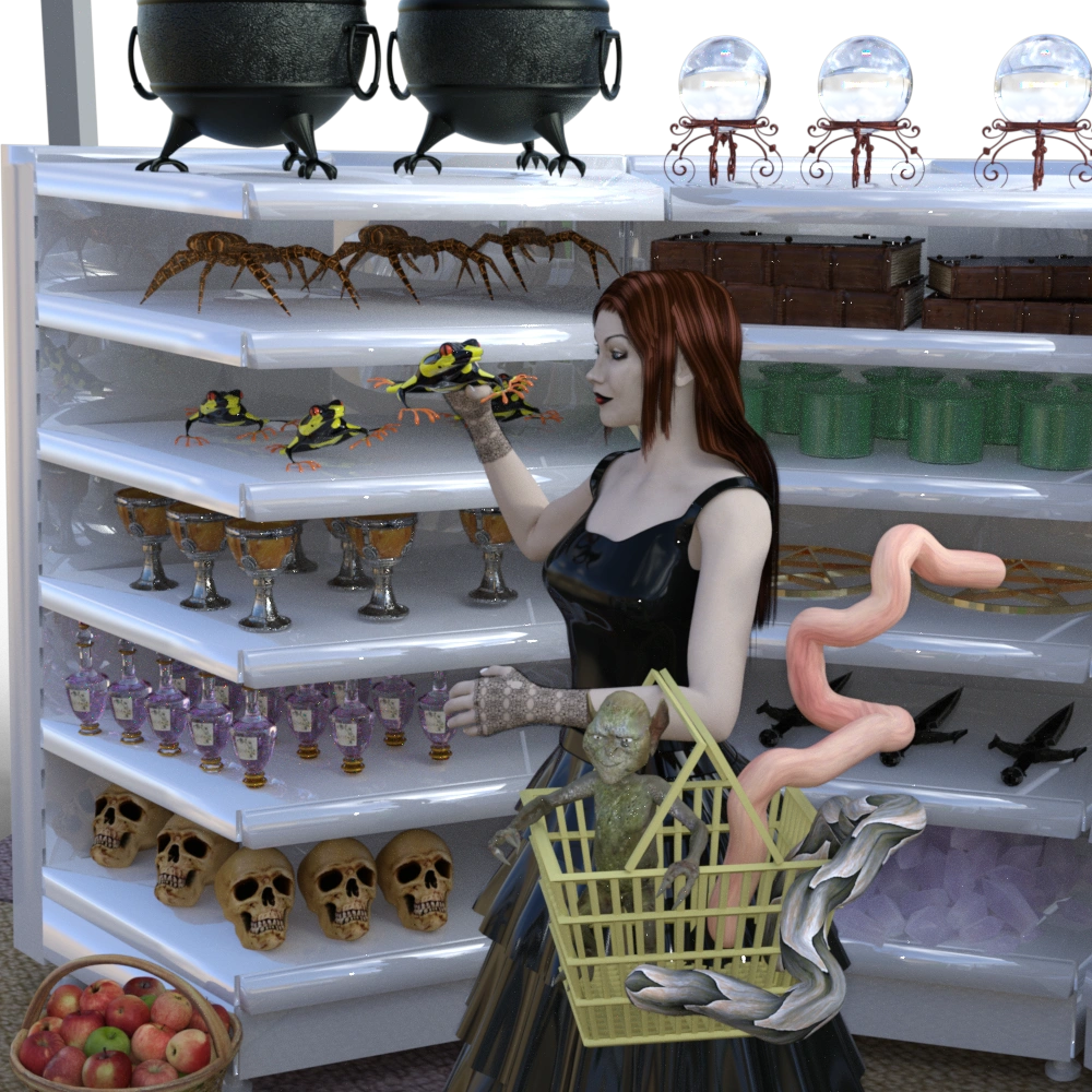 Image of a witch picking up a frog while shopping in a store