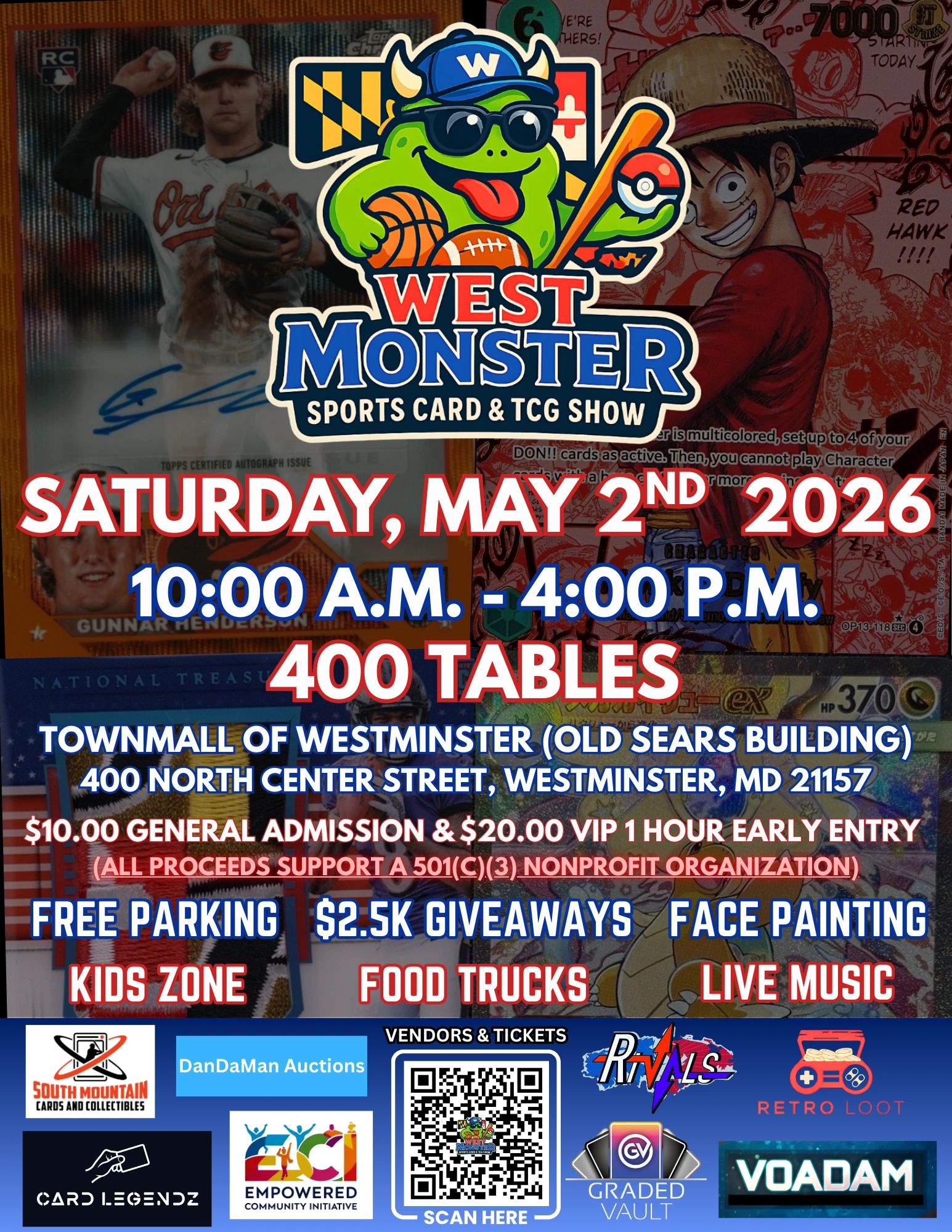 West Monster Sports Card &amp; TCG Show on May 2, 2026, with 400 tables and various activities.