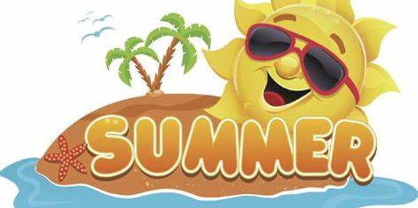 Happy sun with sunglasses and summer text on island.