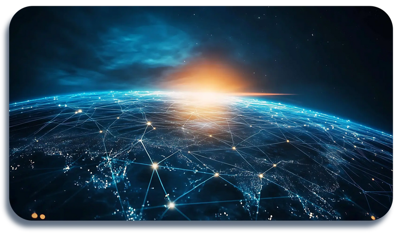 Digital network connections glowing over Earth at sunrise from space.