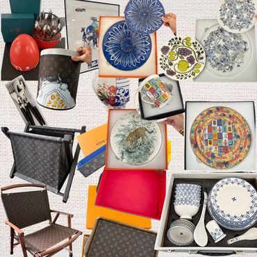 Assorted luxury items including plates, chairs, and silverware.