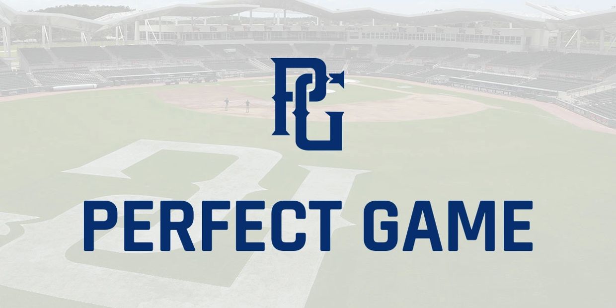Perfect Game logo over a baseball field background.
