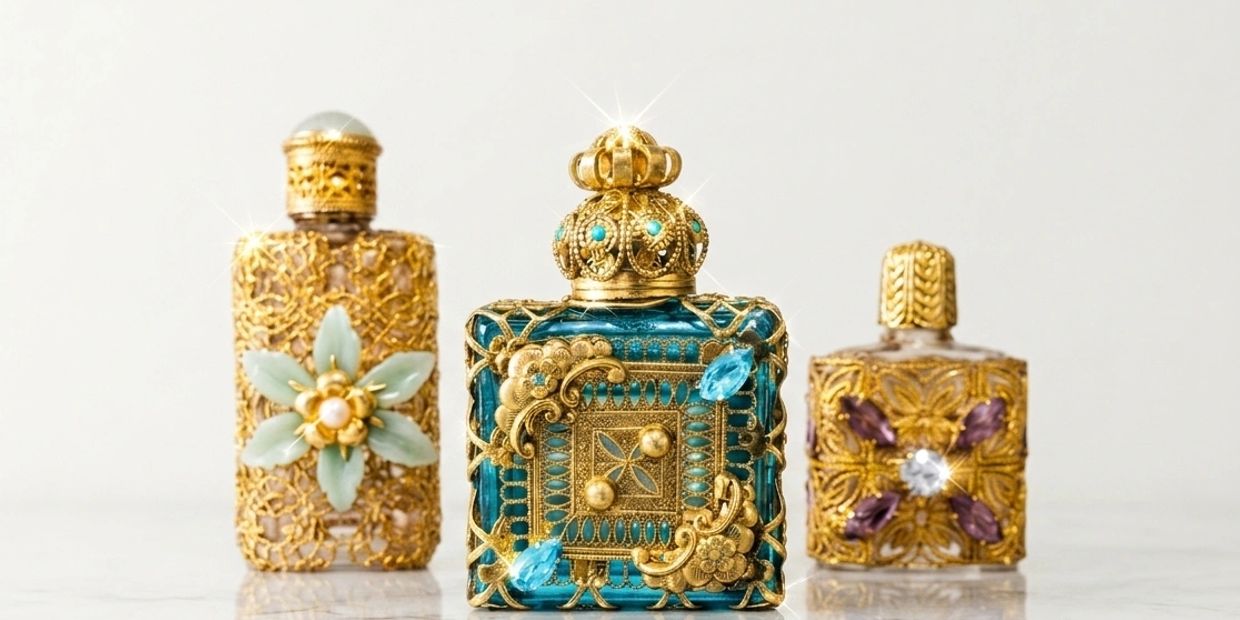 Three ornate vintage perfume bottles with intricate golden decorations.
