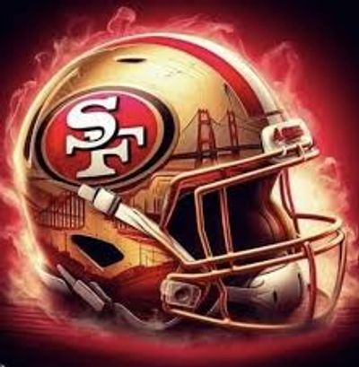 San Francisco 49ers football helmet with fiery background.