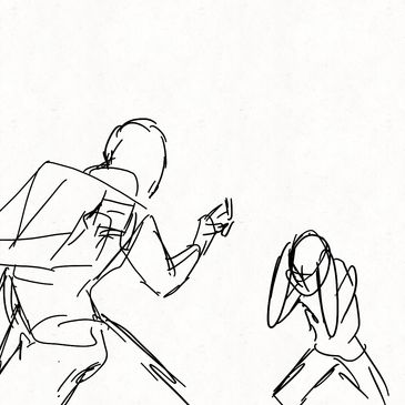 Sketch of two figures in a confrontational stance, one appearing aggressive and the other defensive.
