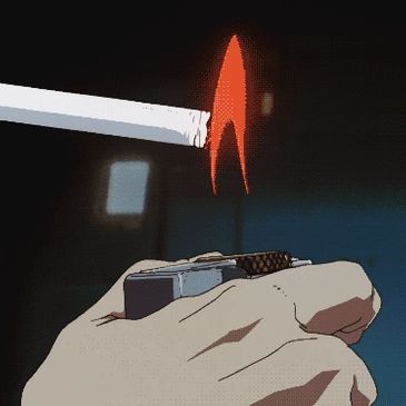 Hand holding a lighter igniting a cigarette with a flame.