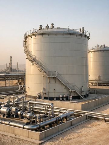 Large industrial storage tanks with connected pipelines in a refinery.