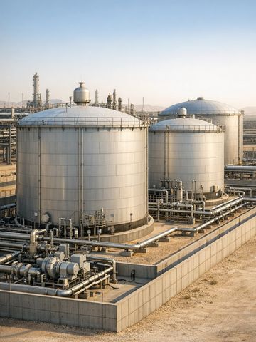 Large industrial storage tanks with pipelines in a refinery under clear sky.