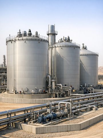 Large industrial storage tanks with interconnected pipelines under a clear sky.