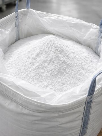 A large white bulk bag filled with fine white powder in an industrial setting.