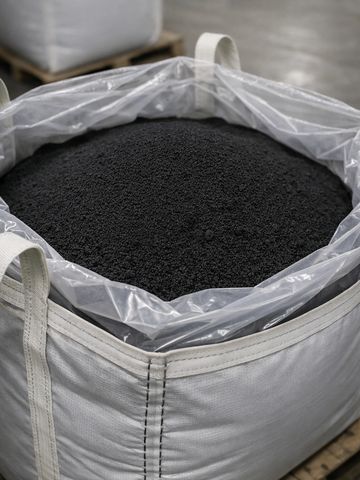 Industrial large white bag filled with black granular material.