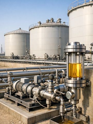 Industrial oil storage tanks and pipelines with monitoring equipment.