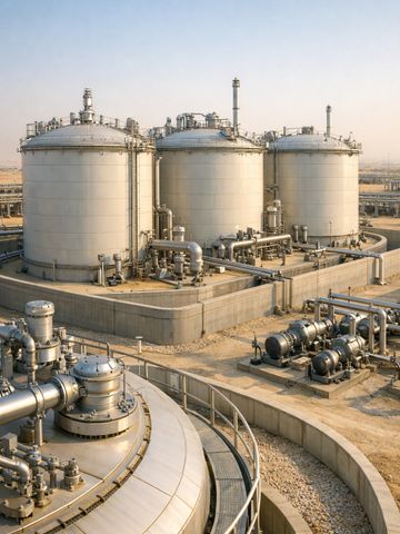 Large industrial storage tanks and piping at a refinery or chemical plant.