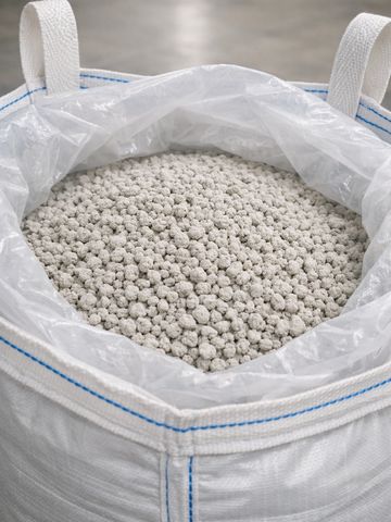 A large white bag filled with granular white material.
