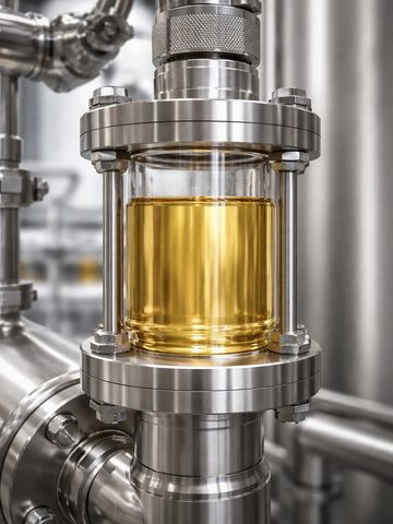 Close-up of industrial stainless steel pipe with amber liquid inside glass chamber.
