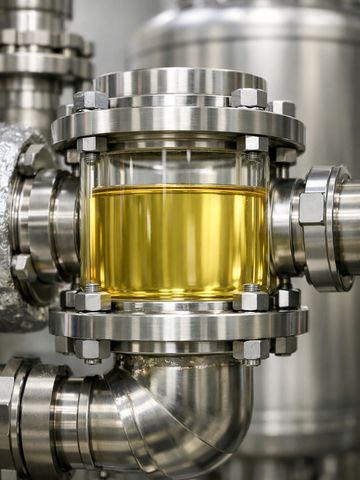 Close-up of a stainless steel industrial pipe with a glass section containing yellow liquid.