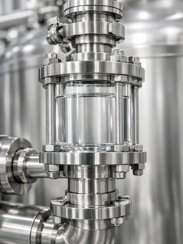 Close-up of stainless steel industrial pipe with a glass inspection window.