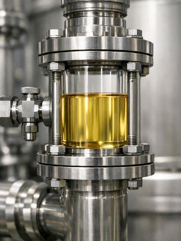 Close-up of a metal pipe with a glass section containing yellow liquid.