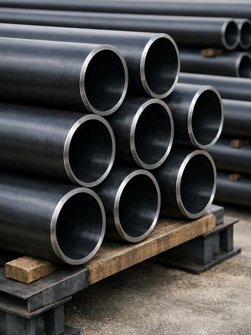Stack of large black metal pipes on a wooden pallet in an industrial setting.