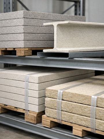 Stacked construction materials including panels and beams on pallets in a warehouse.