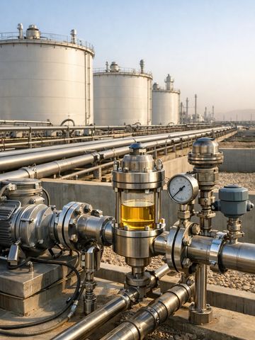 Industrial oil refinery with large storage tanks and pipelines.